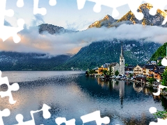 Hallstatt, Town, Houses, woods, Fog, Church, viewes, Austria, Hallstattersee Lake, trees, Alps, Mountains